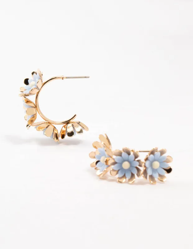 Gold Layered Blue Flower Hoop Earrings sold by lovisa