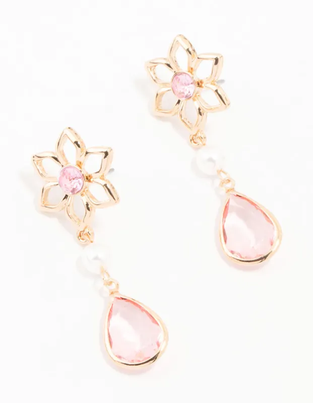 Gold Flower, Pearl & Pink Pear Diamante Drop Earrings sold by lovisa