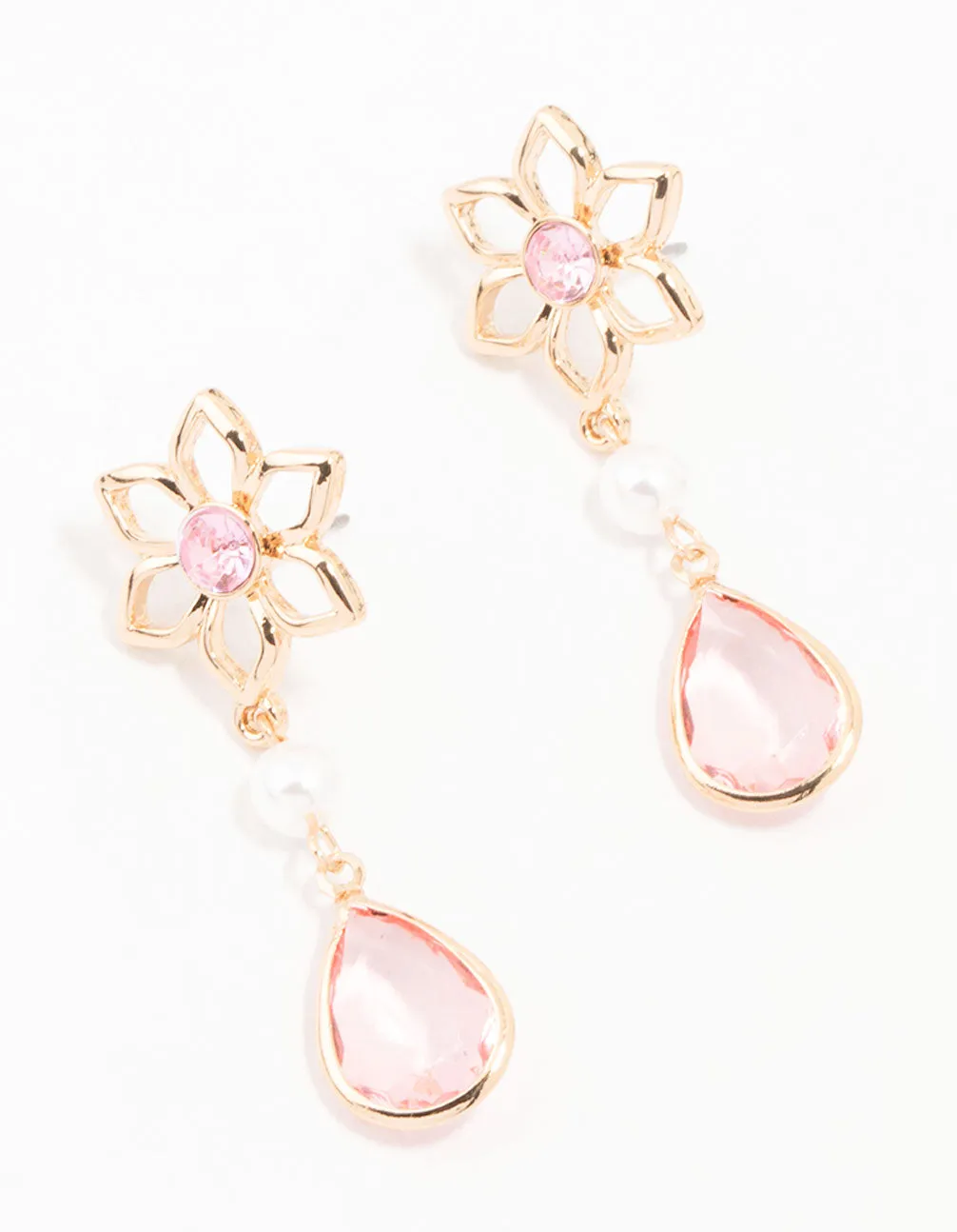 Gold Flower, Pearl & Pink Pear Diamante Drop Earrings sold by lovisa