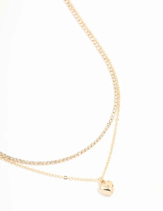 Gold Diamante & Puffy Heart Layered Necklace sold by lovisa