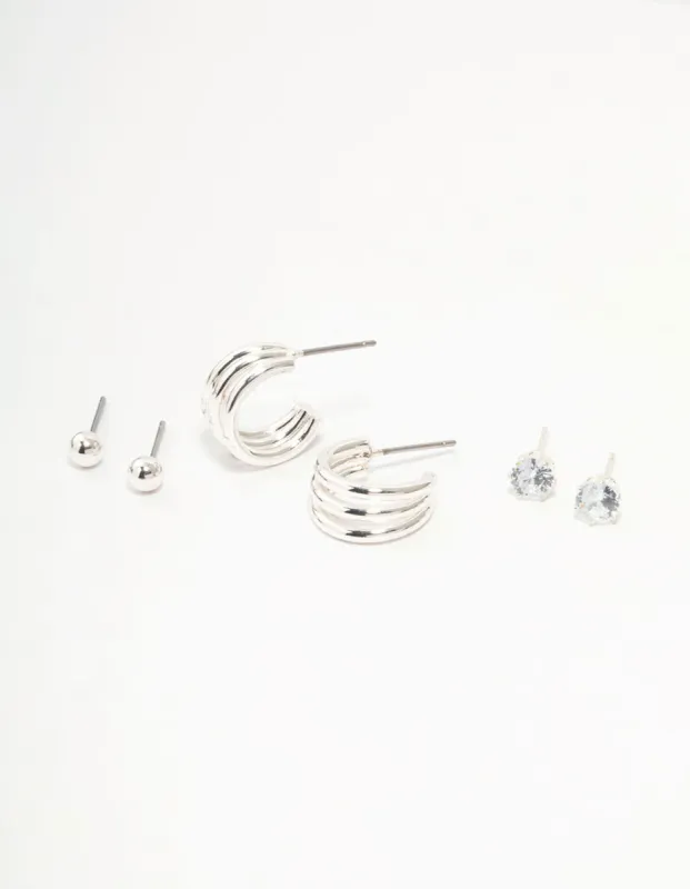 Silver Diamante Triple Hoop Stud Earrings 3-Pack sold by lovisa
