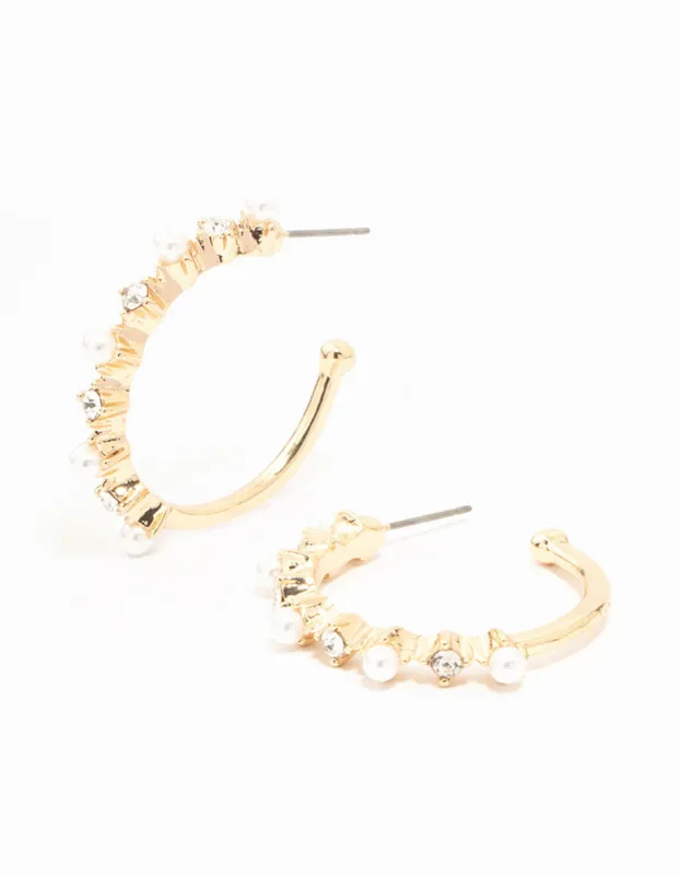 Gold Pearl & Diamante Hoop Earrings sold by lovisa