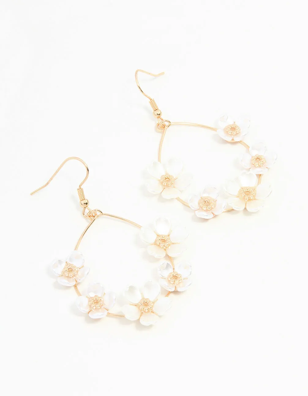 White Pearlised Flower Teardrop Gold Earrings sold by lovisa