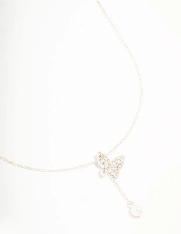 Silver Diamante Butterfly & Pearl Y-Necklace sold by lovisa