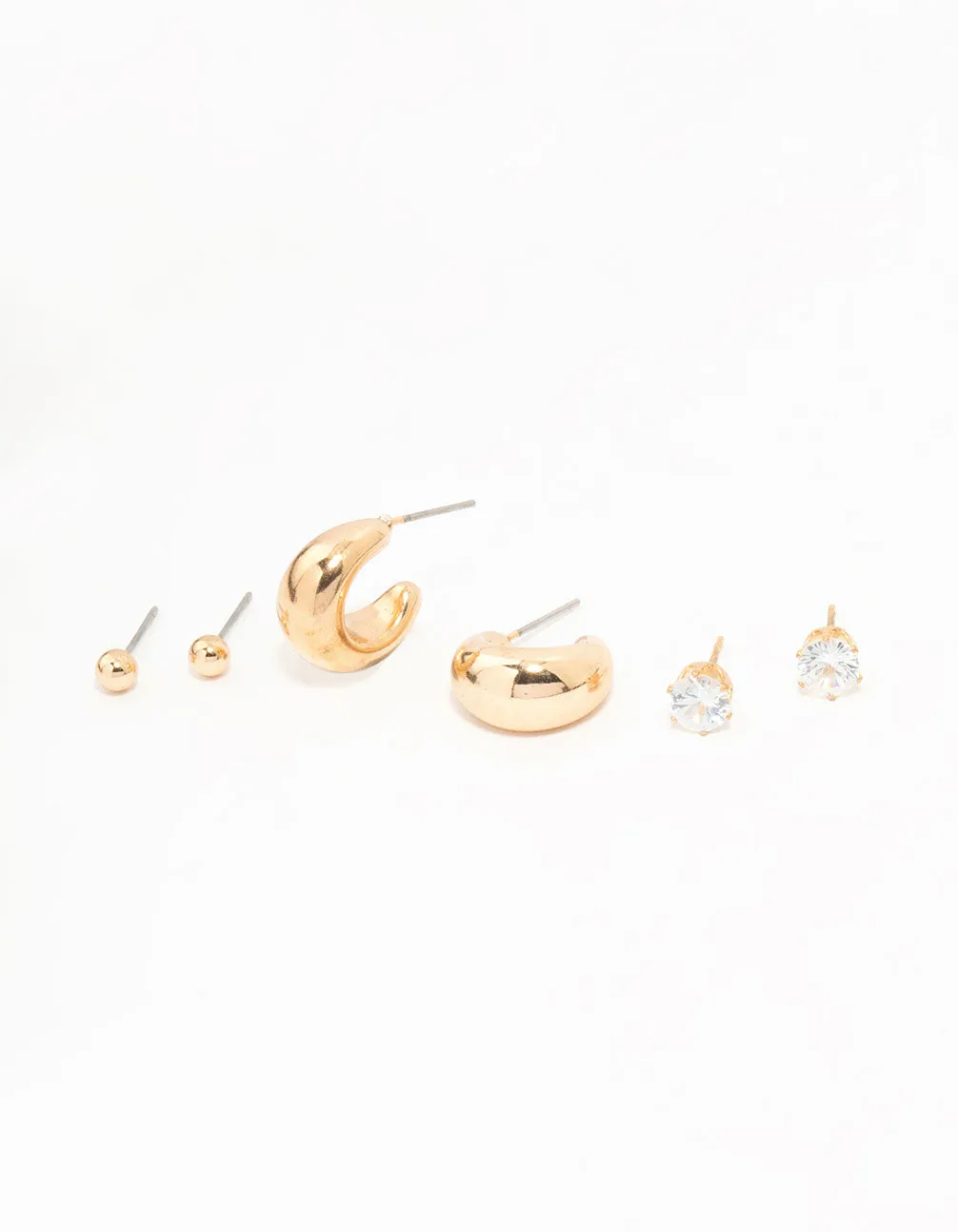 Gold Hoop, Sleek & Diamante stud Earrings 3-Pack sold by lovisa
