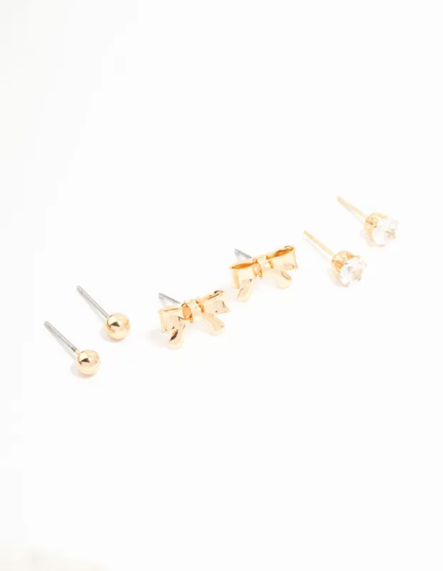 Gold Diamante, Sleek & Bow Stud Earrings 3-Pack sold by lovisa
