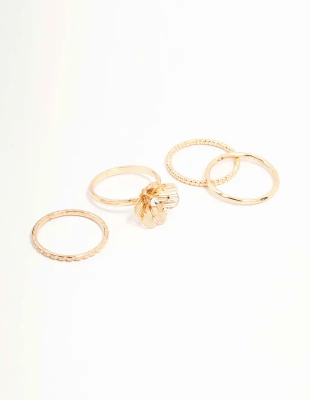 Gold Diamante Wire Flower Rings 4-Pack sold by lovisa