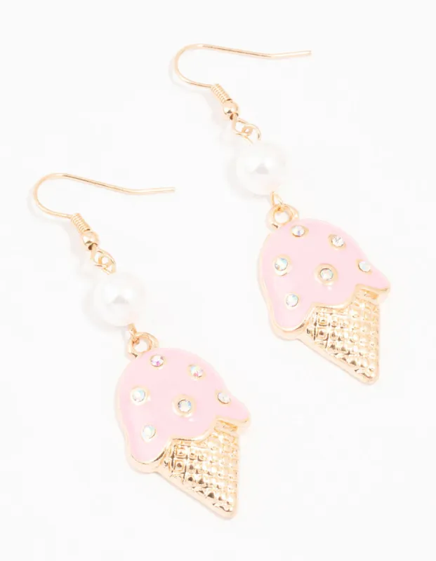 Gold Pearl & Pink Ice Cream Drop Earrings sold by lovisa