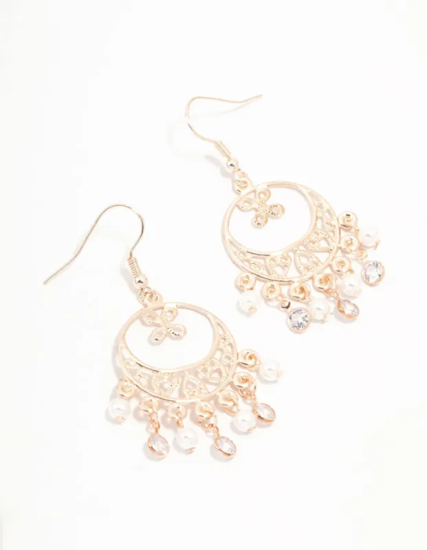 Rose Gold Filigree Pearl & Diamante Drop Earrings sold by lovisa