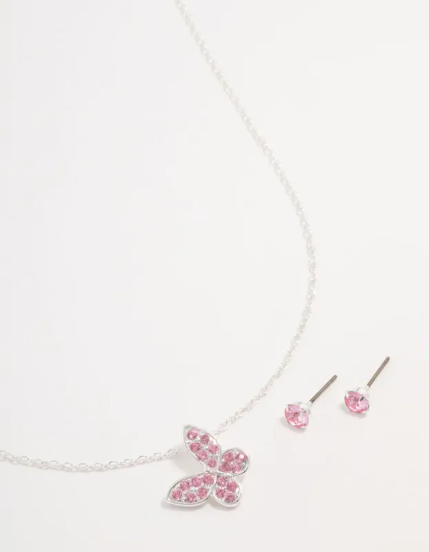 Pink Diamante Butterfly Necklace & Stud Earrings Silver Set sold by lovisa