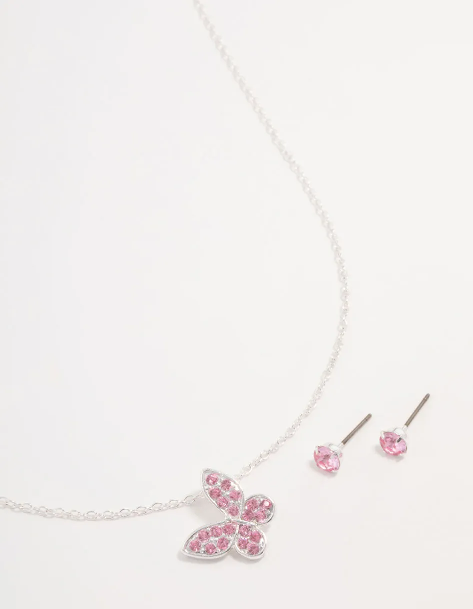 Pink Diamante Butterfly Necklace & Stud Earrings Silver Set sold by lovisa