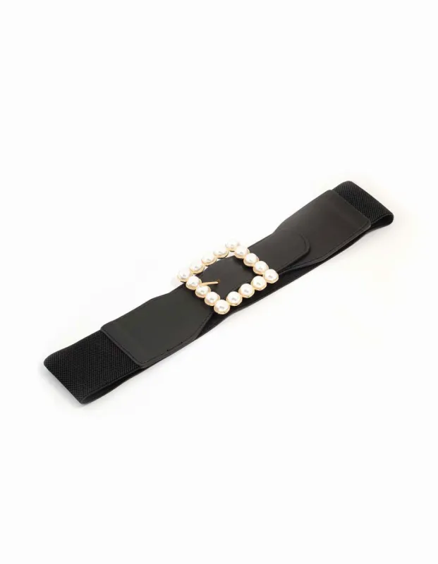 Black Fabric & Pearl Buckle Stretch Belt sold by lovisa