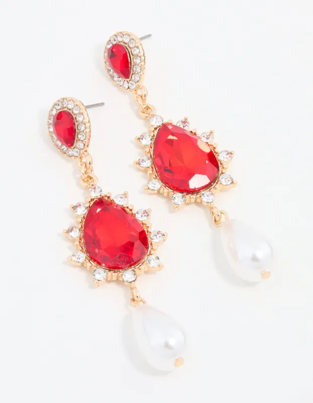 Red Diamante & Pearl Gold Drop Earrings sold by lovisa