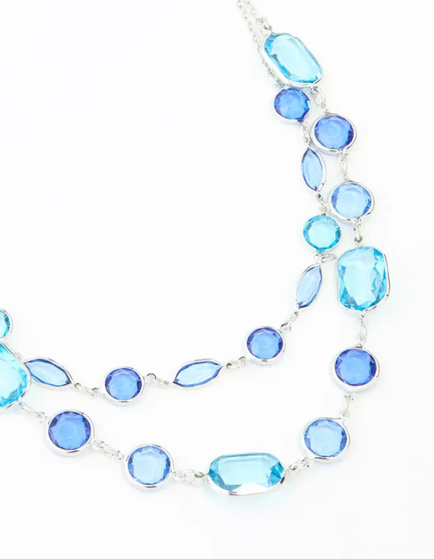 Blue Rectangle Diamante Stone Silver Layered Necklace sold by lovisa
