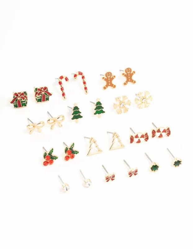 Mixed Gingerbread Man & Present Gold Stud Earrings 12-Pack sold by lovisa