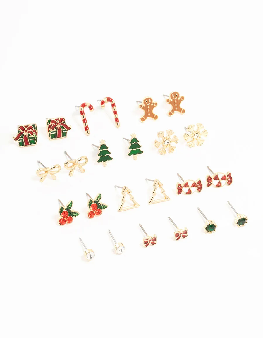 Mixed Gingerbread Man & Present Gold Stud Earrings 12-Pack sold by lovisa