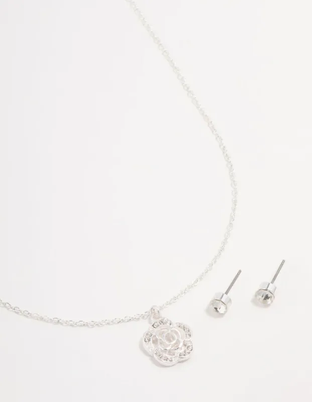 Silver Rose Diamante Necklace & Earrings Set sold by lovisa