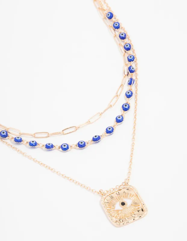 Gold Plated Triple Row Layered Evil Eye Necklace sold by lovisa
