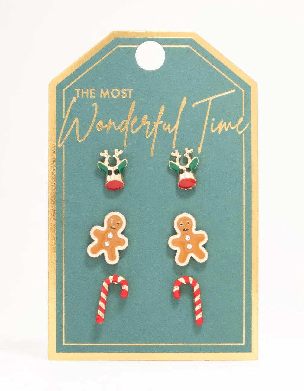 Reindeer, Candy Cane & Gingerbread Man Gold Stud Earrings 3-Pack sold by lovisa product image thumbnail 3