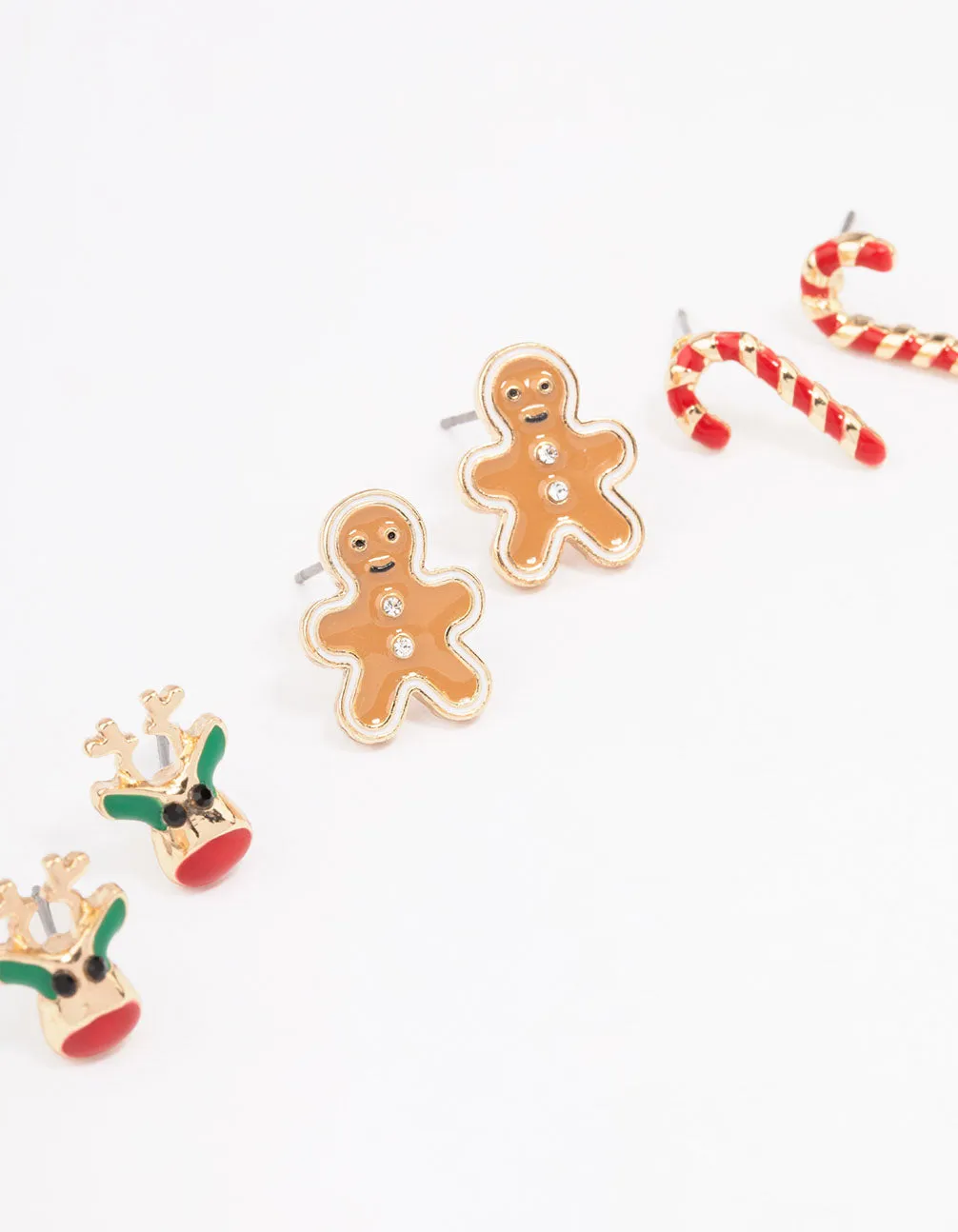 Reindeer, Candy Cane & Gingerbread Man Gold Stud Earrings 3-Pack sold by lovisa product image thumbnail 2