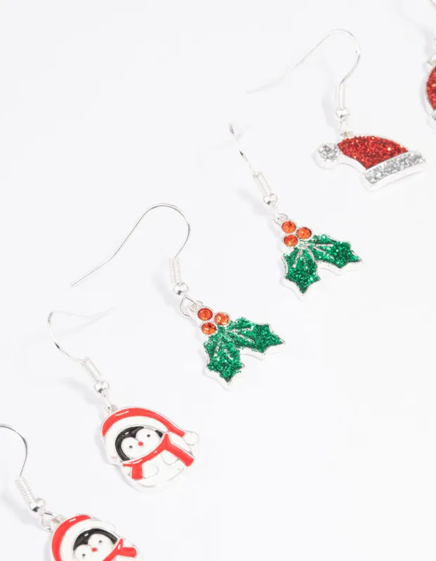 Silver Holly, Santa & Penguin Drop Earrings 3-Pack sold by lovisa