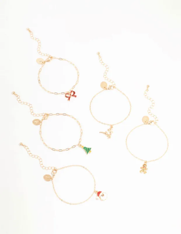 Tree & Santa Gold Charm Bracelets 5-Pack sold by lovisa