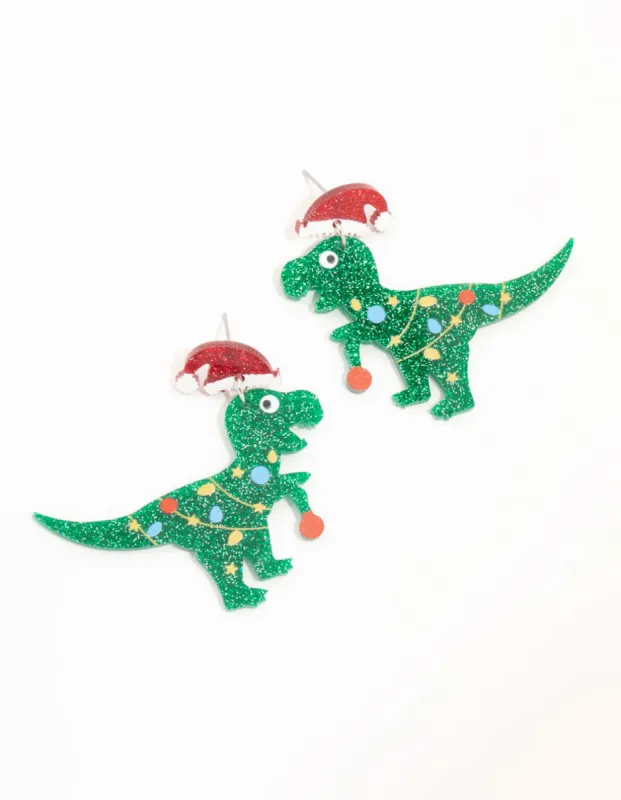 Acrylic Dinosaur With A Santa Hat Drop Earrings sold by lovisa