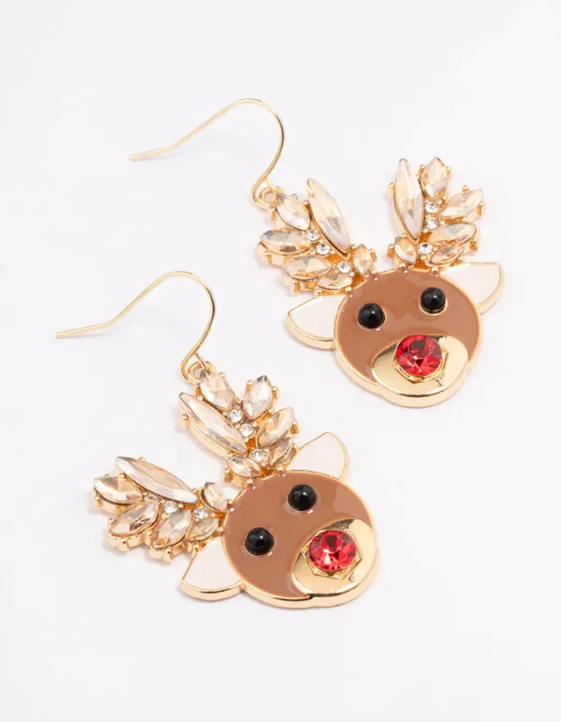 Diamante & Enamel Reindeer Drop Earrings sold by lovisa