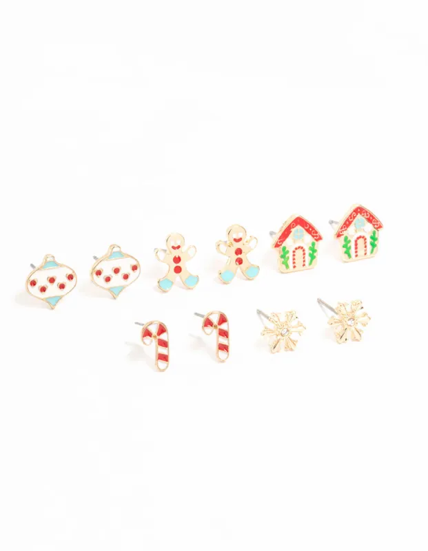 Gingerbread House & Candy Cane Stud Earrings 5-Pack sold by lovisa