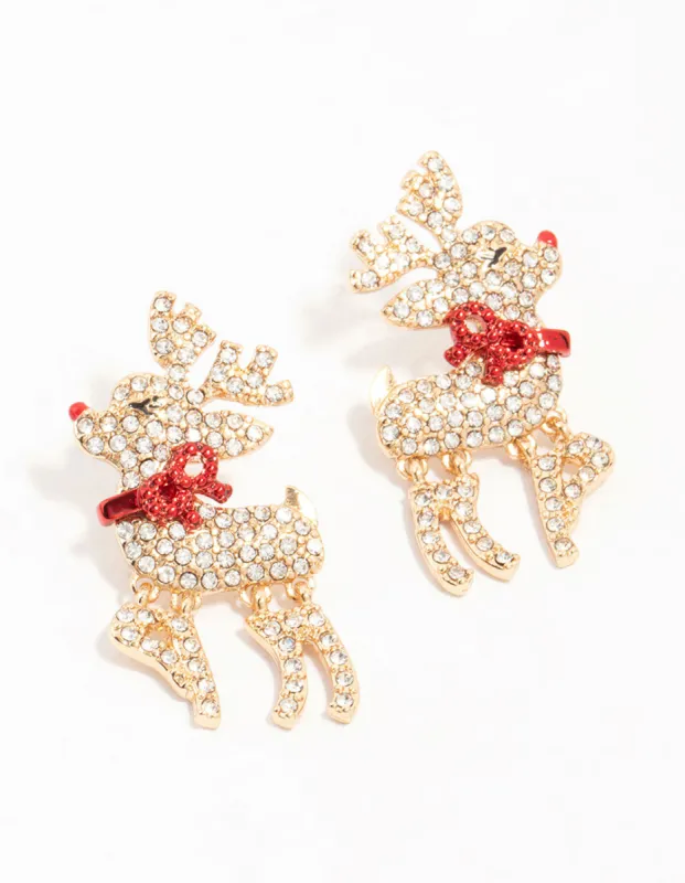 Gold Diamante Red Nosed Reindeer Earrings sold by lovisa