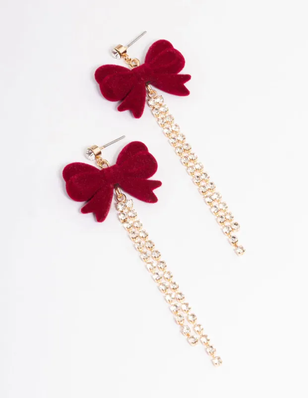Burgundy Bow Diamante Cup Chain Gold Drop Earrings sold by lovisa