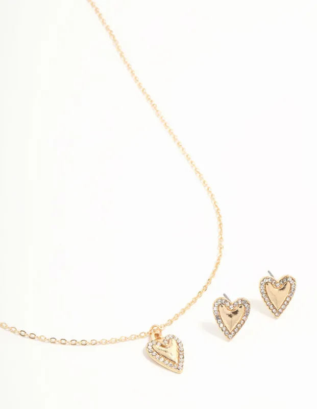 Gold Diamante Heart Edge Necklace & Stud Earrings sold by lovisa