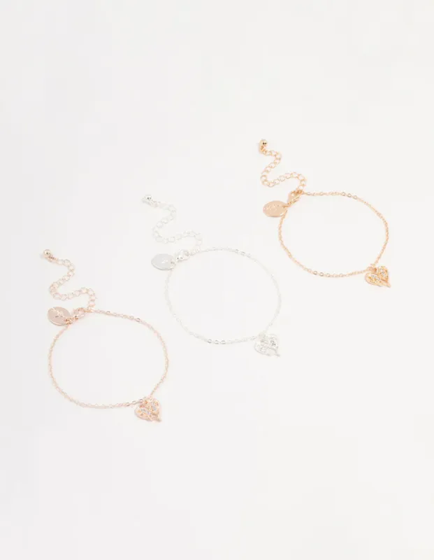 Mixed Metals Diamante Heart Bracelets 3-Pack sold by lovisa