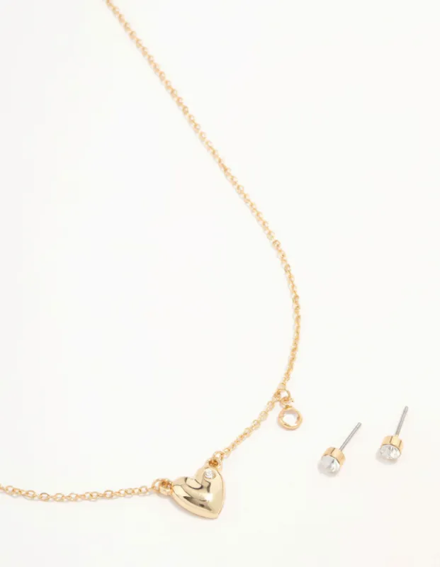 Gold Heart Diamante Detail Necklace & Stud Earrings Set sold by lovisa