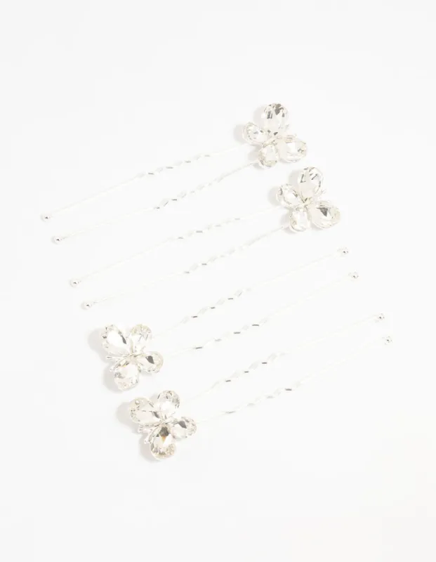Silver Crystal Butterfly Bobby Pins 4-Pack sold by lovisa