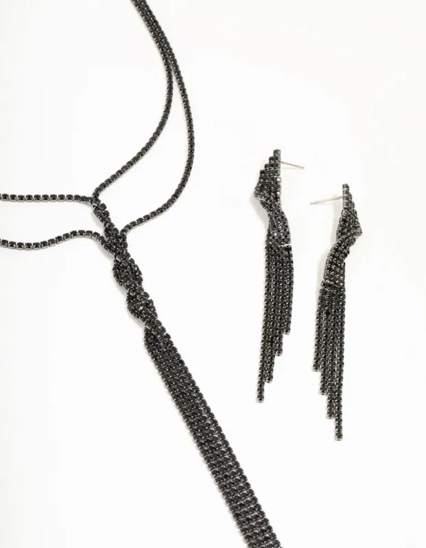 Black Diamante Double Chain Twisted Necklace & Earrings Set sold by lovisa