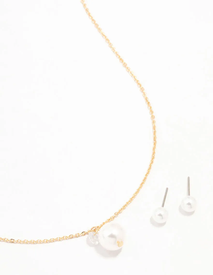Gold Pearl Diamante Necklace & Stud Earrings Set sold by lovisa