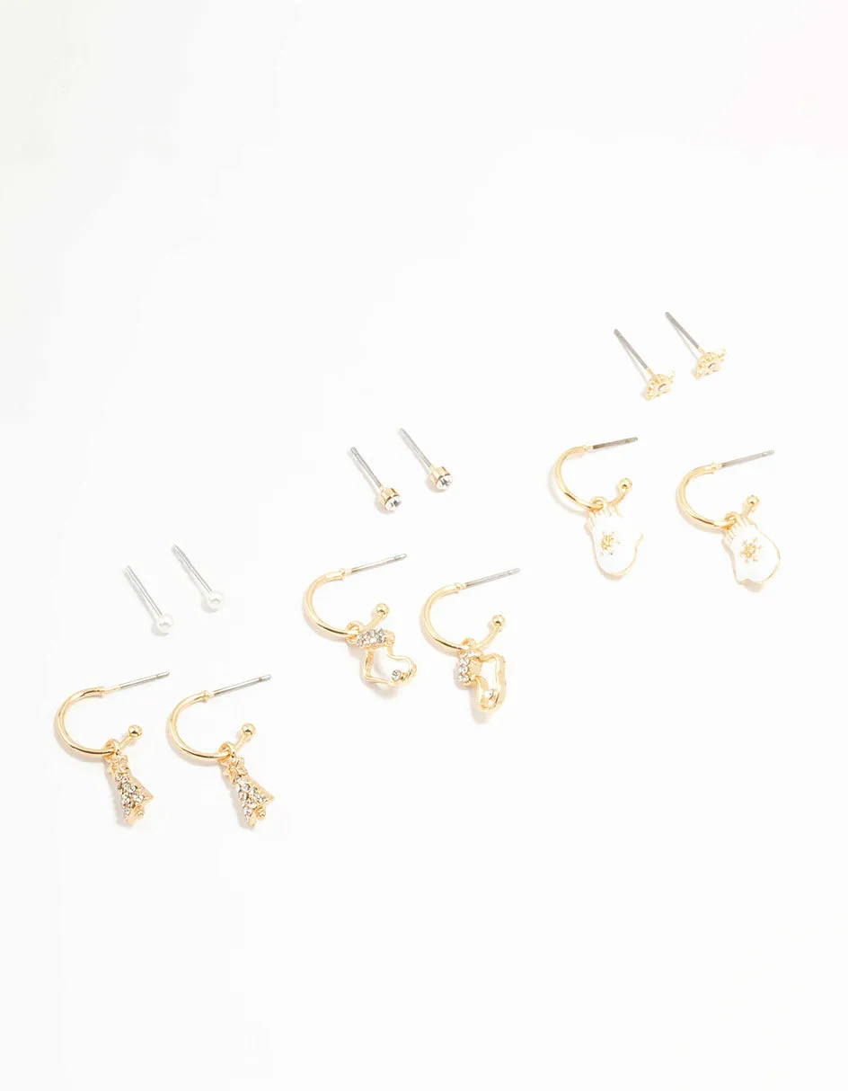 Gold Winter Mitten & Christmas Tree Earrings 6-Pack sold by lovisa