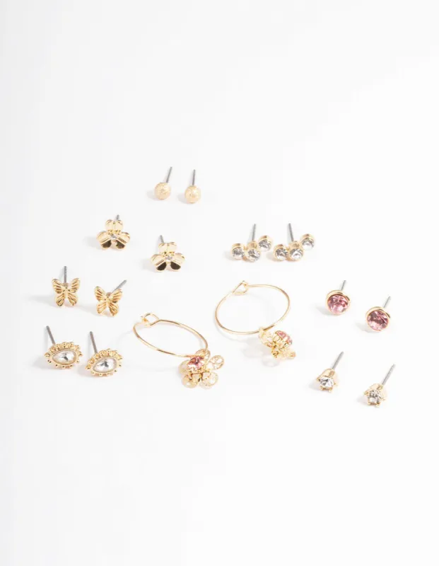 Gold Dainty Diamante Garden Earrings 8-Pack sold by lovisa