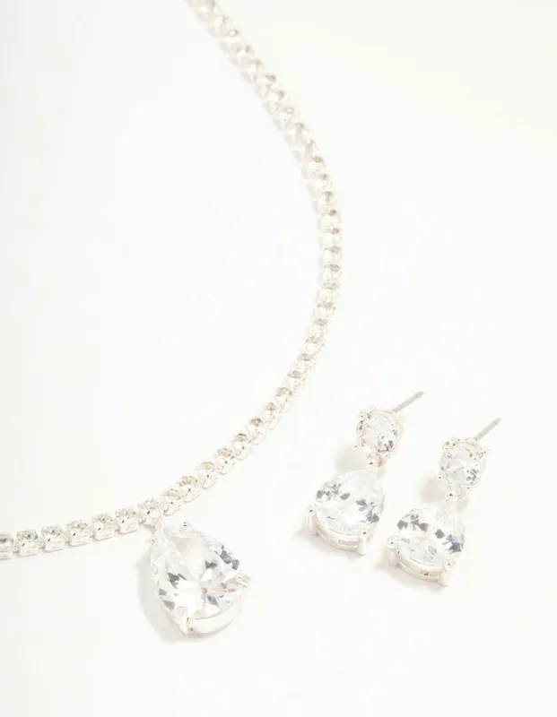 Silver  Cubic Zirconia Tennis Necklace & Earring Set sold by lovisa