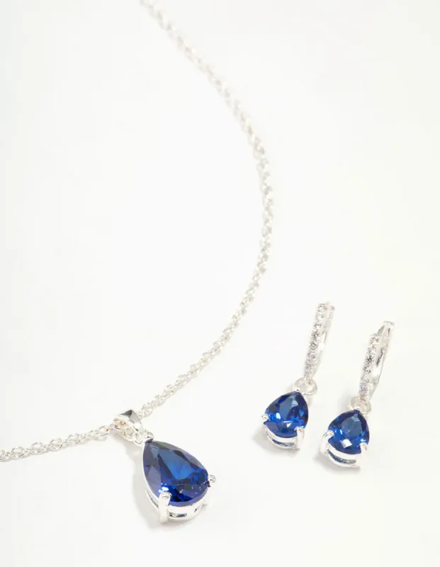 Silver Sapphire Teardrop Necklace & Earrings Set sold by lovisa