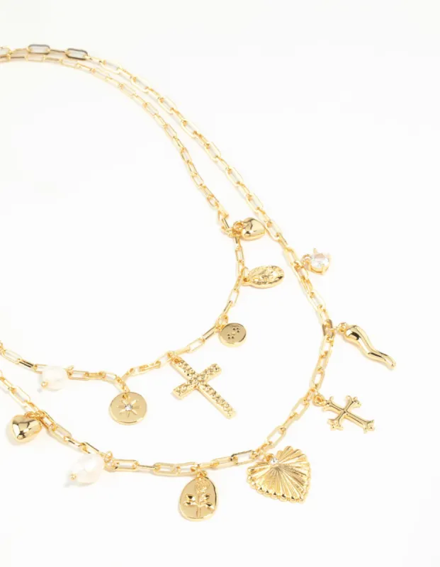 Gold Plated Freshwater Pearl, Cross & Heart Charm Necklace sold by lovisa