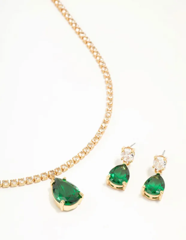 Gold Plated Emerald Diamante Tennis Necklace & Earrings Set sold by lovisa