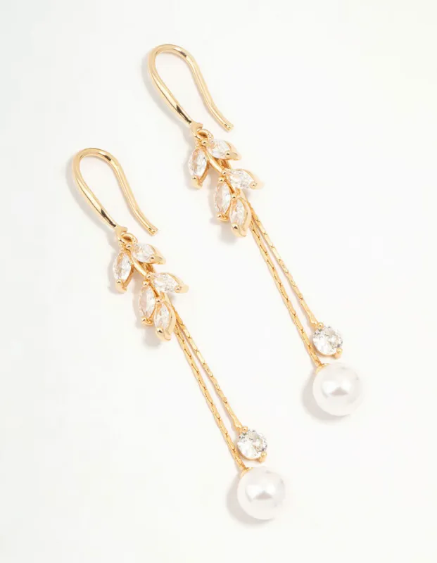 Gold Cubic Zirconia Leaf & Pearl Drop Earrings sold by lovisa