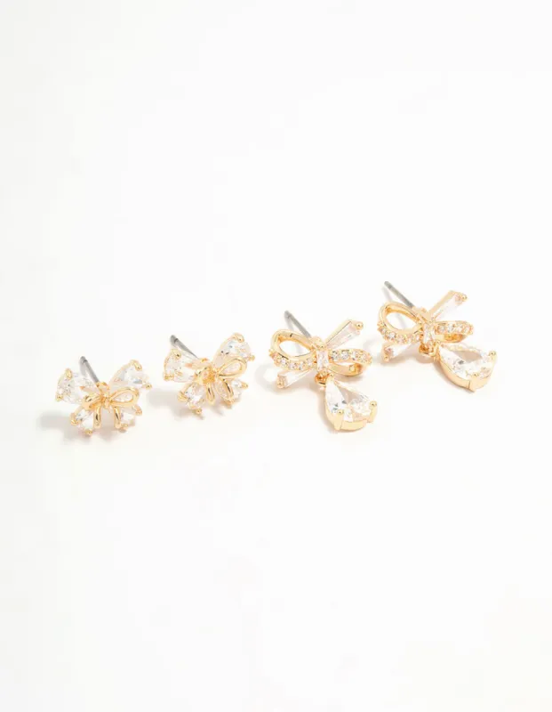 Gold Cubic Zirconia Bow Stud Earrings 2-Pack sold by lovisa