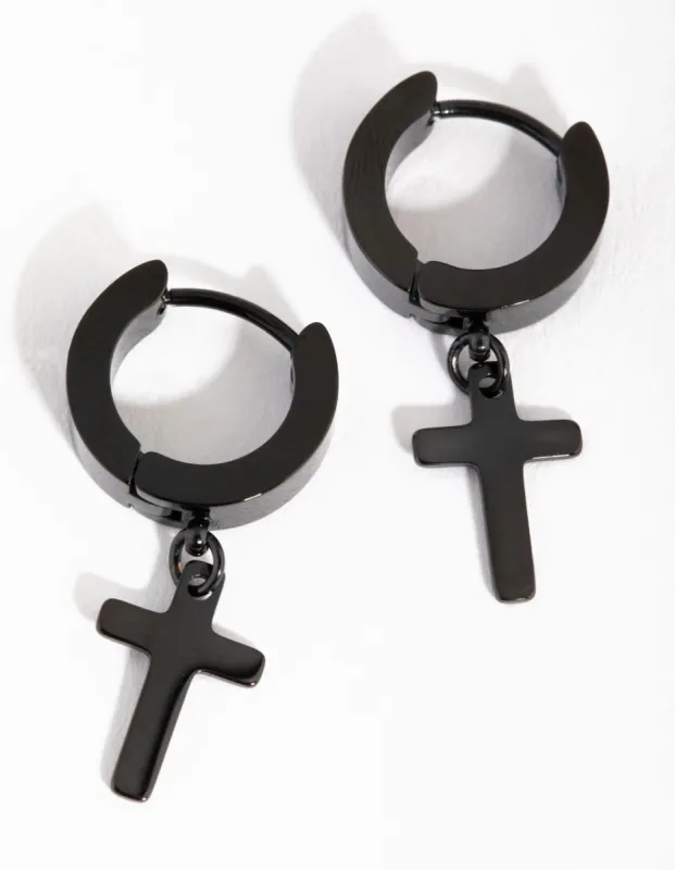 Black Coated Surgical Steel Cross Huggie Earrings sold by lovisa