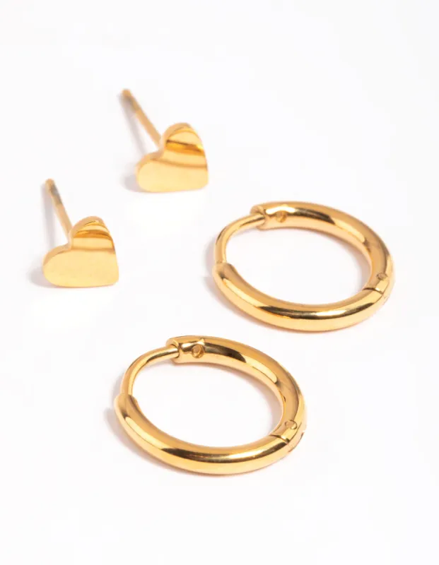 Gold Plated Surgical Steel Heart & Huggie Hoop Earrings 2-Pack sold by lovisa