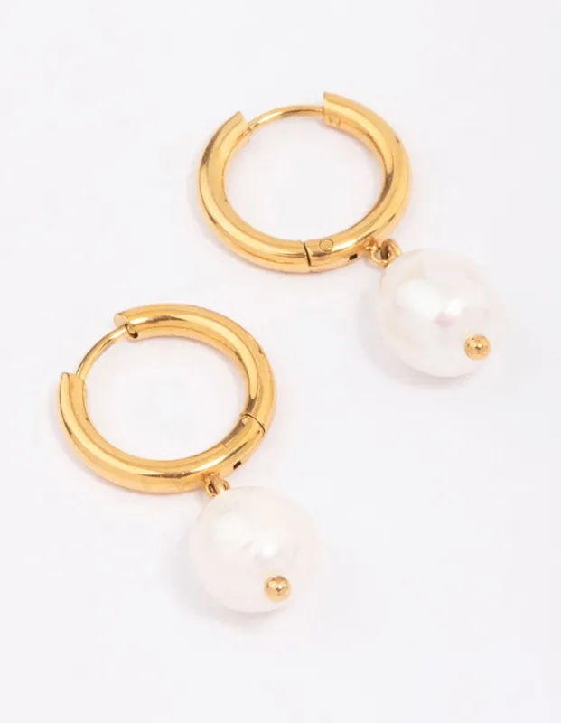 Gold Plated Surgical Steel Classic Freshwater Pearl Hoop Earrings sold by lovisa