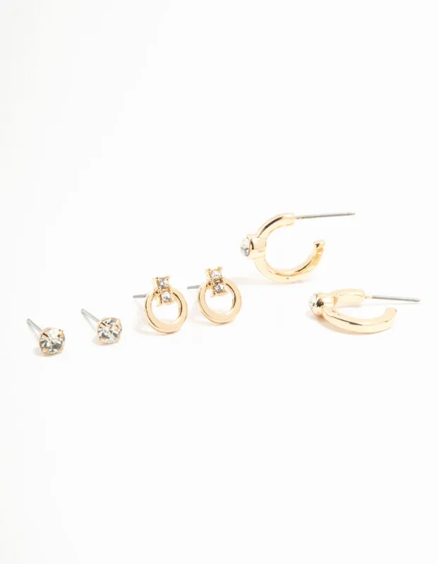 Gold Diamante Stud & Hoop Earrings 3-Pack sold by lovisa