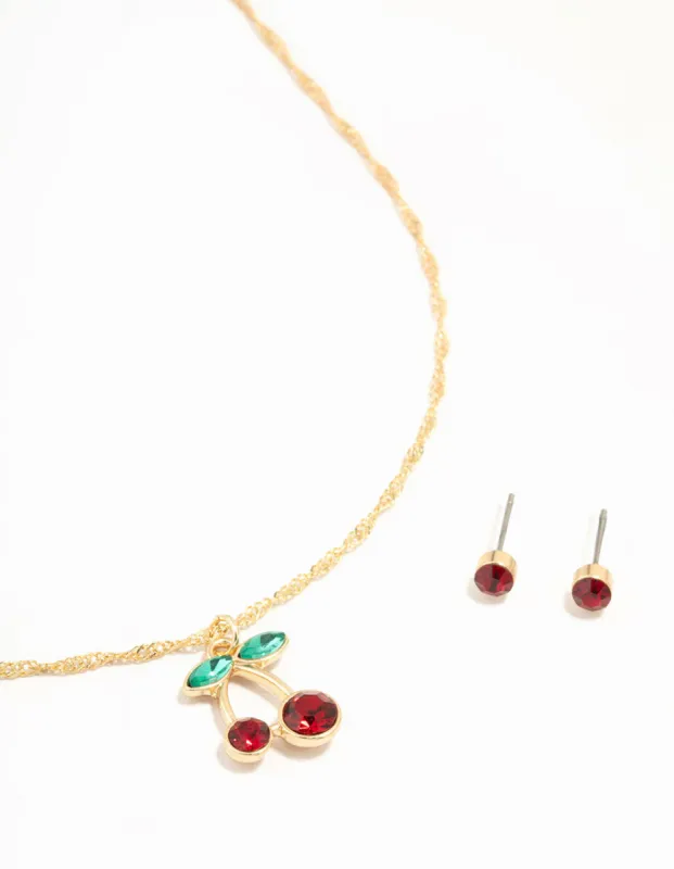 Gold Cherry Necklace & Red Diamante Earrings Set sold by lovisa